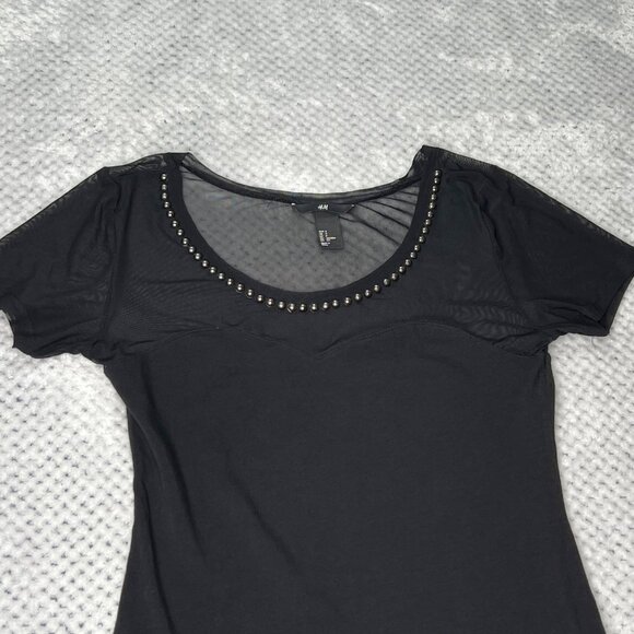 H&M Shirt Womens Small Black Semi-Sheer Top Brass Studded Scoop Neck Tee - Picture 8 of 15